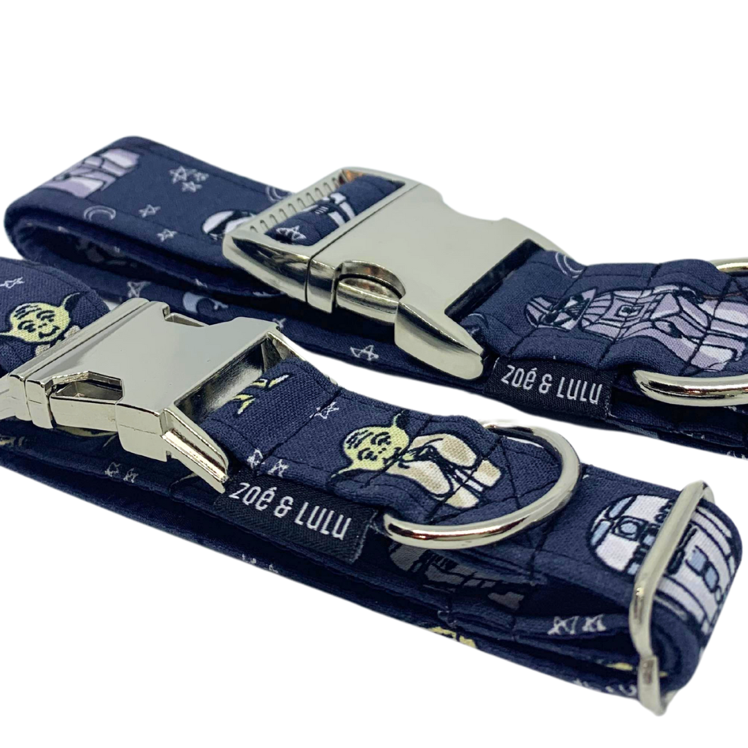Clip en metal fait au Québec  tissus bleu fonce collier pour chien /Metal clip made in Quebec, dark blue fabric dog collar