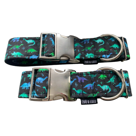 Collier pour chien  dinausores noir  fluo clip en metal fait au Québec /Neon black dinosaur dog collar with metal clip, made in Quebec