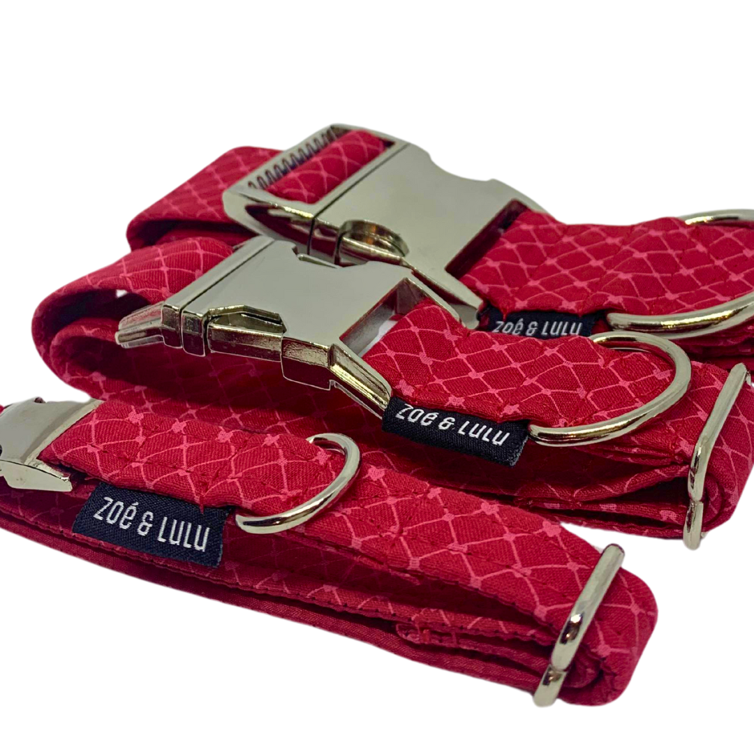 Red and pink metal collar for female dogs, made in Quebec.