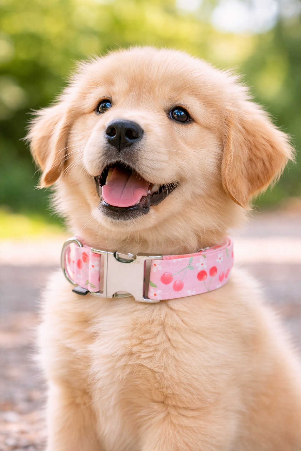 Collier pour chien à clip motif de cerise, collier à chien rose, fait au Québec